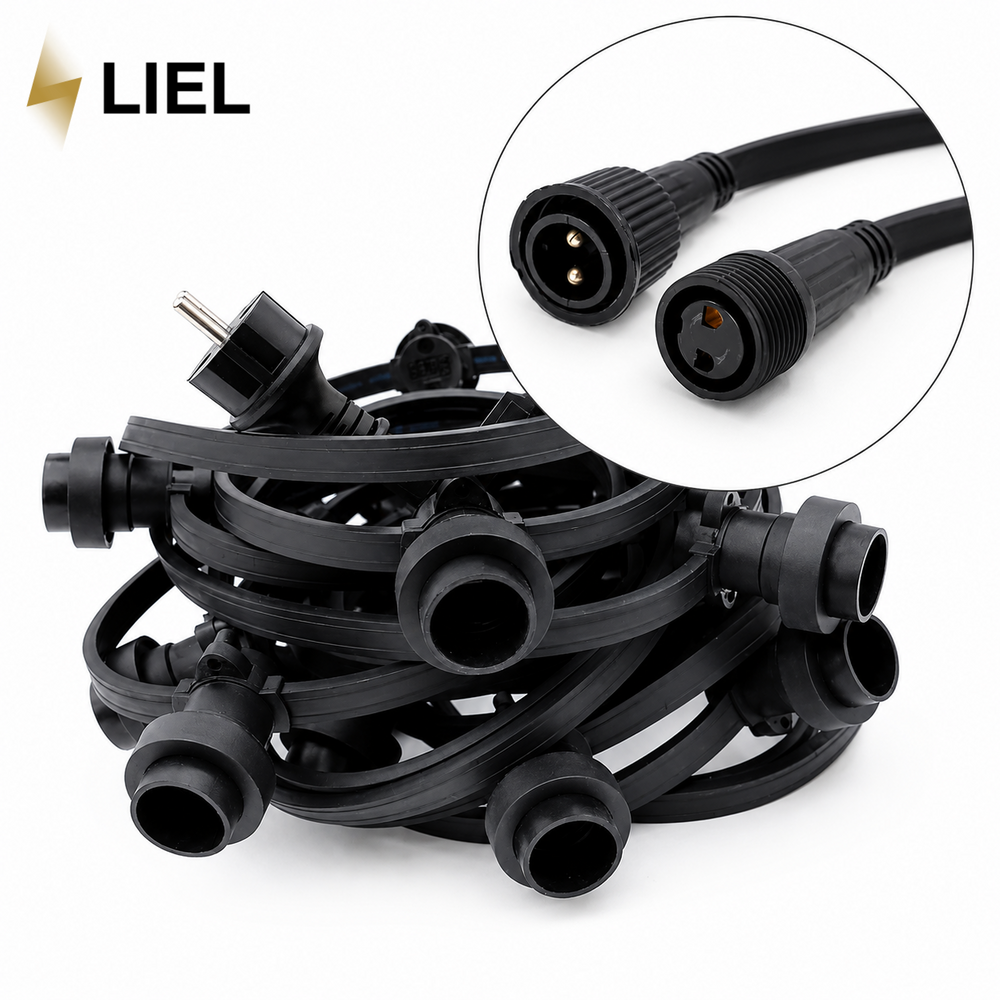 Вулична ретро-гірлянда лампочки Belt Light LIEL Premium Ultra 1 патрон на метр на чорному кабелі IP67, арт. BL1-65