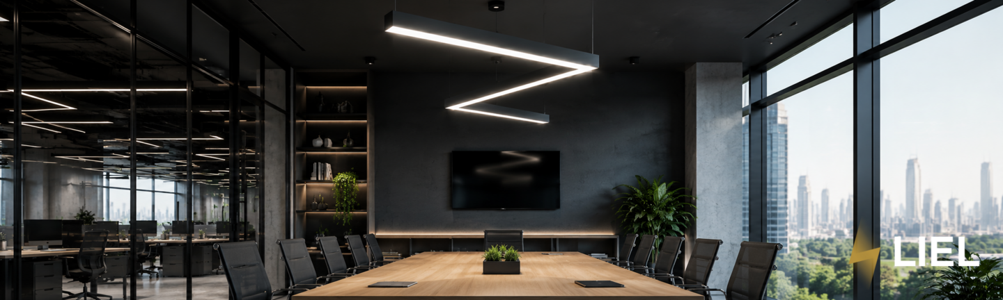 Современные подвесные светильники зигзаги из LED профиля в коммерческом интерьере