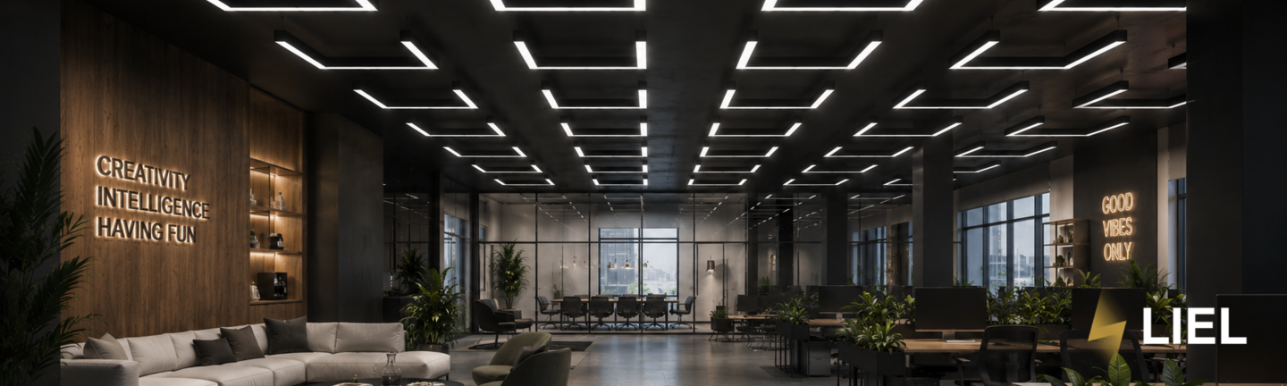 П-подібні LED світильники 24V у просторому шоурумі з сучасною архітектурою та дизайнерським освітленням. Геометричні світлові форми створюють візуальний акцент на стелі та підкреслюють преміальний характер комерційного інтер