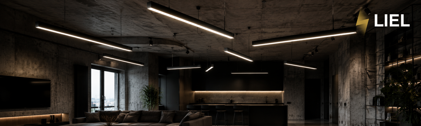 Подвесные линейные LED светильники LIEL 220V в современном бетонном интерьере