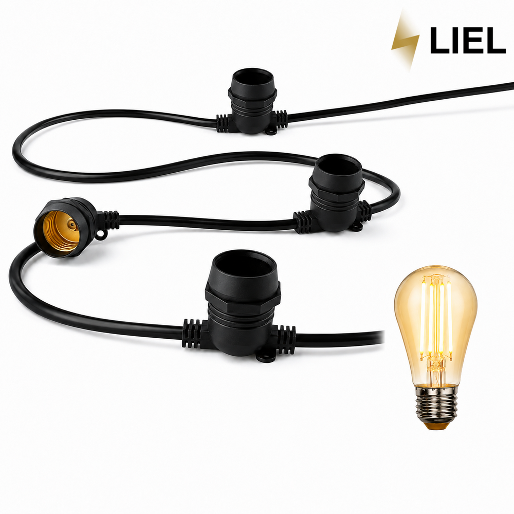 Уличная ретро гирлянда с лампочками Belt Light LIEL Standart IP67 E27 2 патрона на 1 метр, черный кабель 10.5 м, арт. 003444