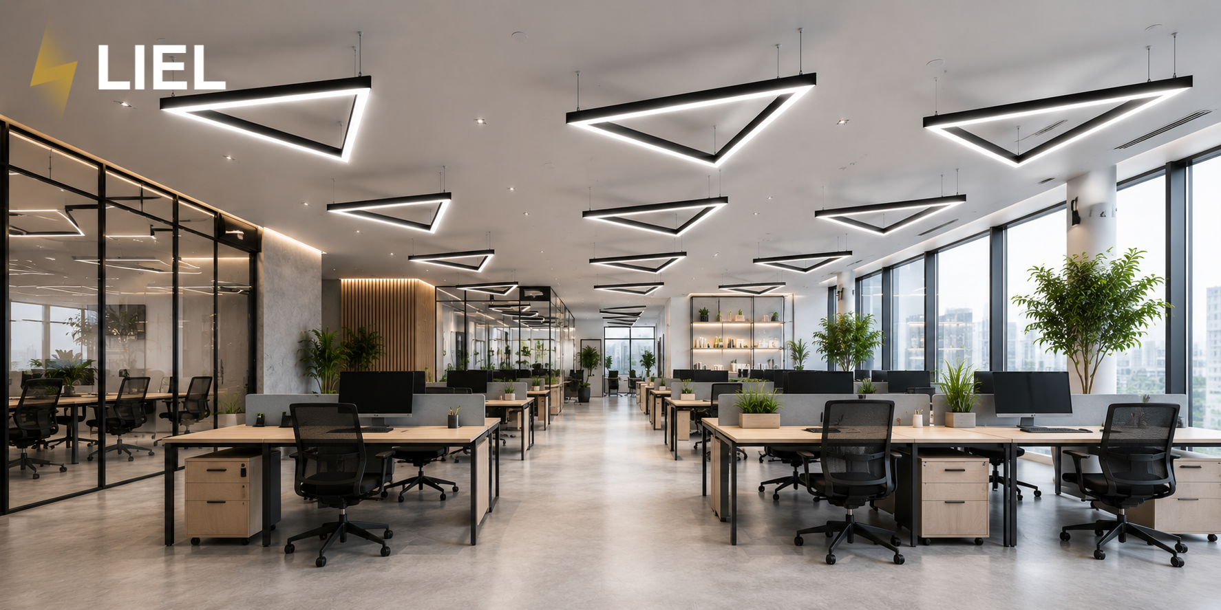 Профессиональное LED освещение в форме треугольников для современного офиса
